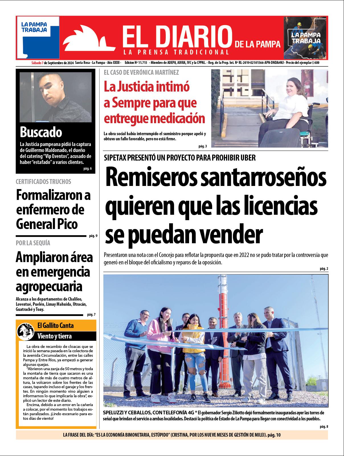 Tapa de El Diario en papel  saacutebado 07 de septiembre de 2024